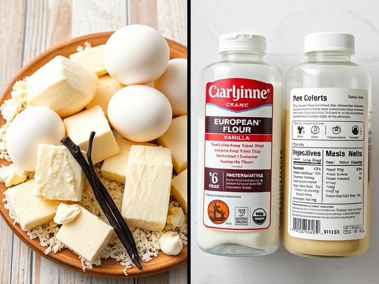 A side-by-side comparison of ingredients: on one side, fresh, organic ingredients like free-range eggs, European butter, artisanal flour, and real vanilla beans; on the other side, mass-produced, commercial-grade ingredients with labels indicating preservatives and artificial flavors