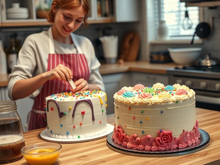 A home kitchen scene where a baker is decorating a personalized cake with unique colors and designs, surrounded by various flavoring ingredients, while a standard, uniform shop-bought cake sits in the background in its packaging