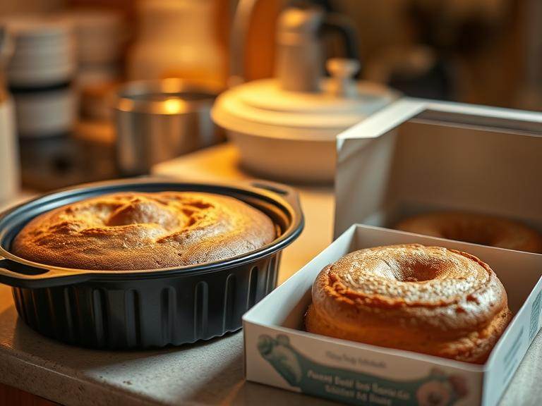 A freshly baked cake still in the pan with steam rising, placed on a kitchen counter, alongside a shop-bought cake in a box. The warm, cozy ambiance emphasizes the freshness and homemade feel