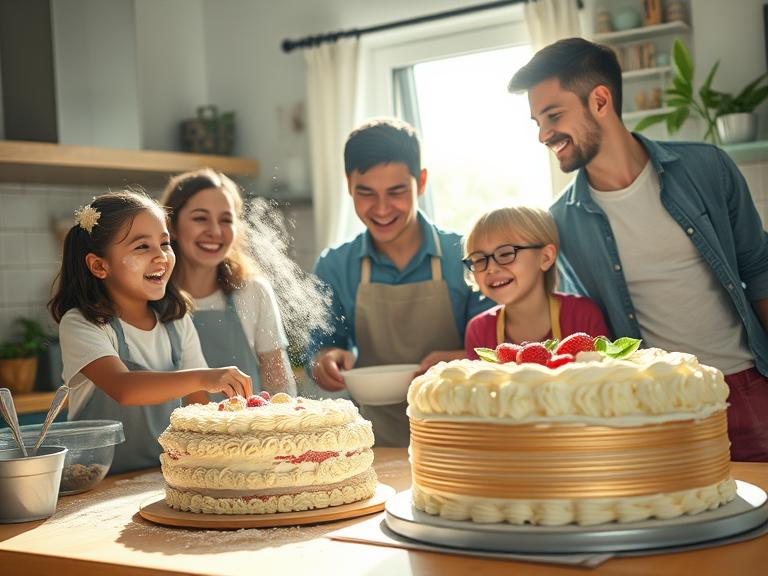 A joyful family in a cozy kitchen baking a cake together, with flour on their faces and laughter in the air, compared to a neatly wrapped store-bought cake on a table. The scene radiates warmth, love, and togetherness.