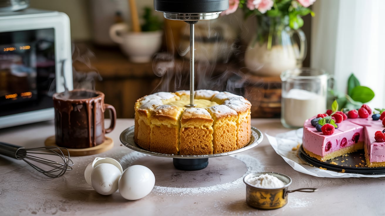 A bright, professional overhead shot showing three different ways to make cake without an oven. The main focus is a beautifully risen golden vanilla cake being removed from a pressure cooker setup with steam rising dramatically. To the left, there's a perfectly formed chocolate mug cake next to a microwave. To the right, a no-bake cheesecake with fresh berries sits partially in a springform pan with one slice removed. The background shows baking ingredients artfully arranged - flour, eggs, butter, and sugar. Visible kitchen tools include measuring cups, a whisk, and spatula. The lighting is bright and airy with natural daylight, creating an inviting and achievable home cooking atmosphere. The composition should clearly tell the story that beautiful cakes can be made without conventional ovens.