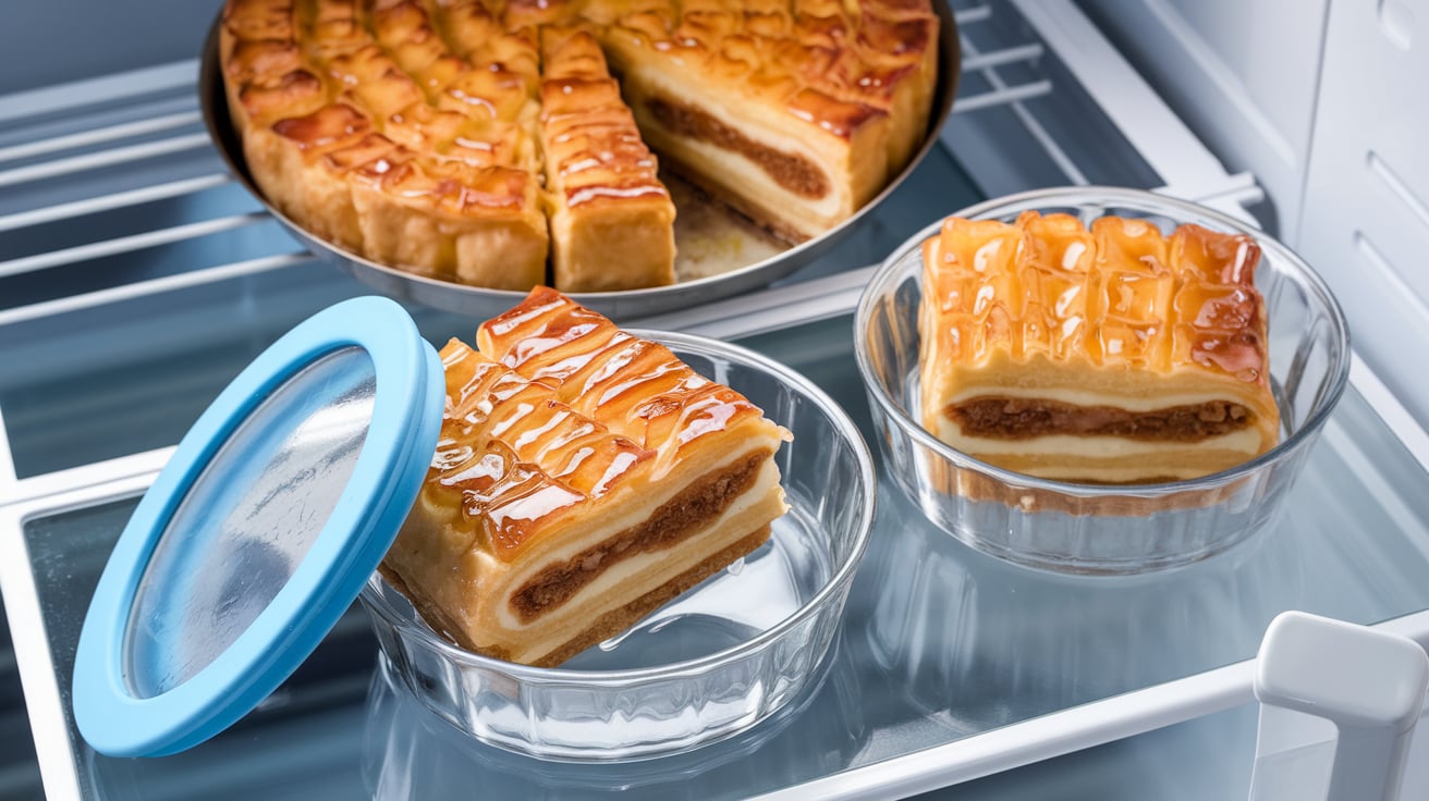 A professional overhead shot of kunafa storage in progress. The main focus is on a slice of golden-brown, syrup-drizzled kunafa with visible cheese filling being placed into a clear glass storage container with a blue silicone lid partially open. Beside it, another piece is visible already stored in an identical closed container in a modern refrigerator with the door ajar, creating a visual story about refrigeration. In the background, slightly blurred, is a full kunafa in a traditional round metal pan. The lighting is bright and clean, highlighting the crispy texture of the kunafa and the glistening syrup. Some condensation is visible on the inside of the closed container, suggesting proper cooling before storage. A digital thermometer showing a safe refrigeration temperature of 38°F/3°C is positioned nearby, emphasizing food safety