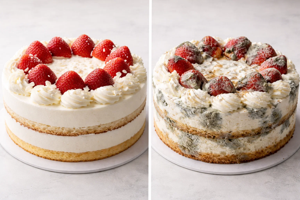 A realistic close-up image comparing a fresh cake and a spoiled cake side by side. The spoiled cake shows visible mold spots and discoloration, while the fresh cake looks moist and clean. Neutral background, realistic food photography, clear visual contrast, no text, no people.