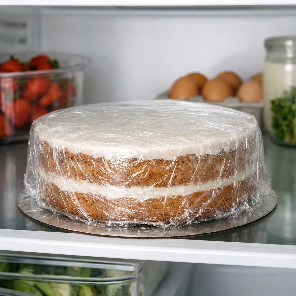 A clean, realistic photo of a freshly baked cake wrapped in plastic wrap and placed on a refrigerator shelf. The fridge interior looks clean and organized, with neutral lighting. The cake is fully covered to show proper storage. Professional food photography style, natural colors, no text, no people.