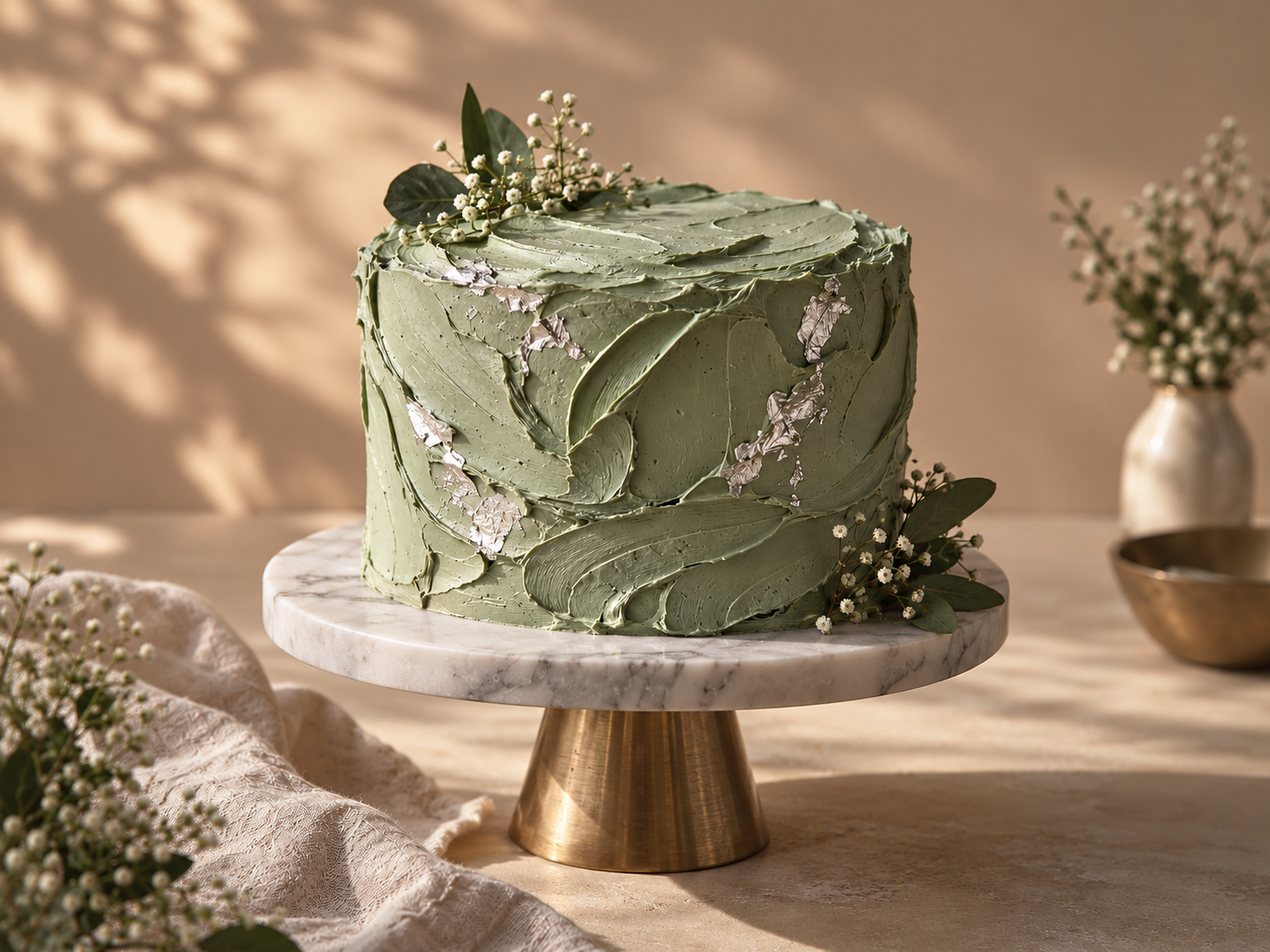 Single-tier textured buttercream cake with silver leaf, a leading 2026 cake design trend