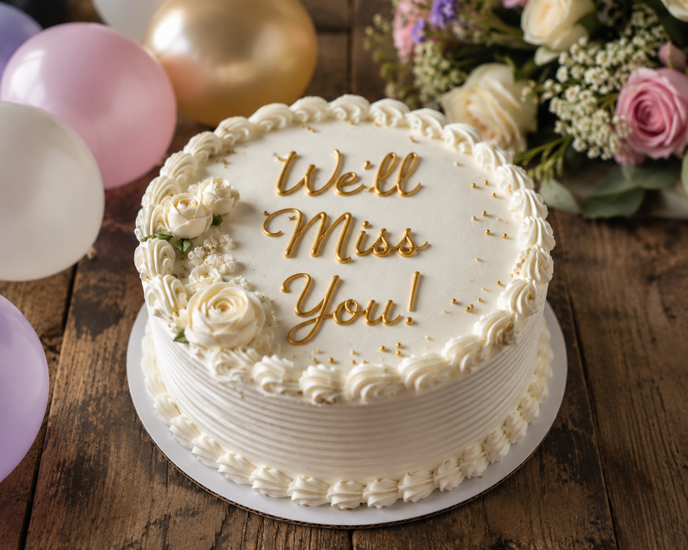Farewell cake with "We'll Miss You!" written in gold piped frosting