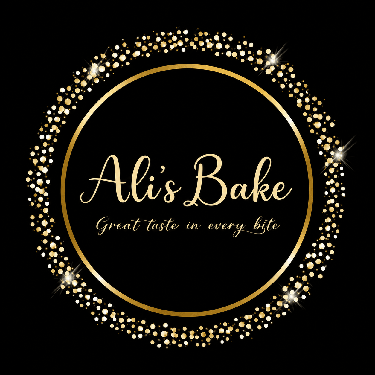 Ali's Bake circular logo badge with gold  cursive text, tagline and contact details on a black background