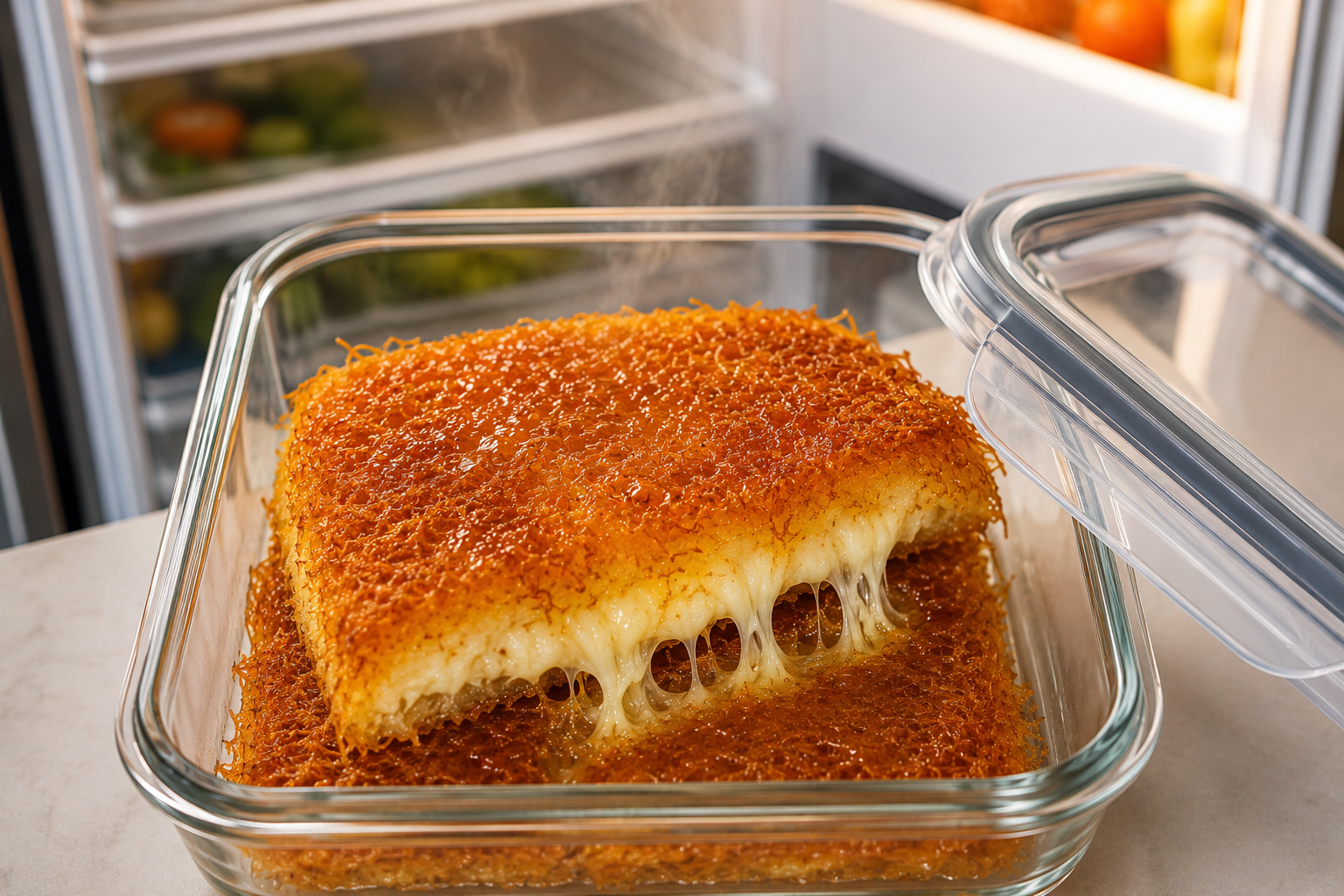 Golden kunafa slice with cheese filling being stored in an airtight glass container