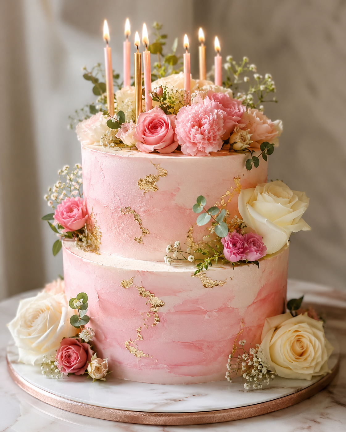Elegant blush-pink birthday cake with fresh flowers and gold leaf accents