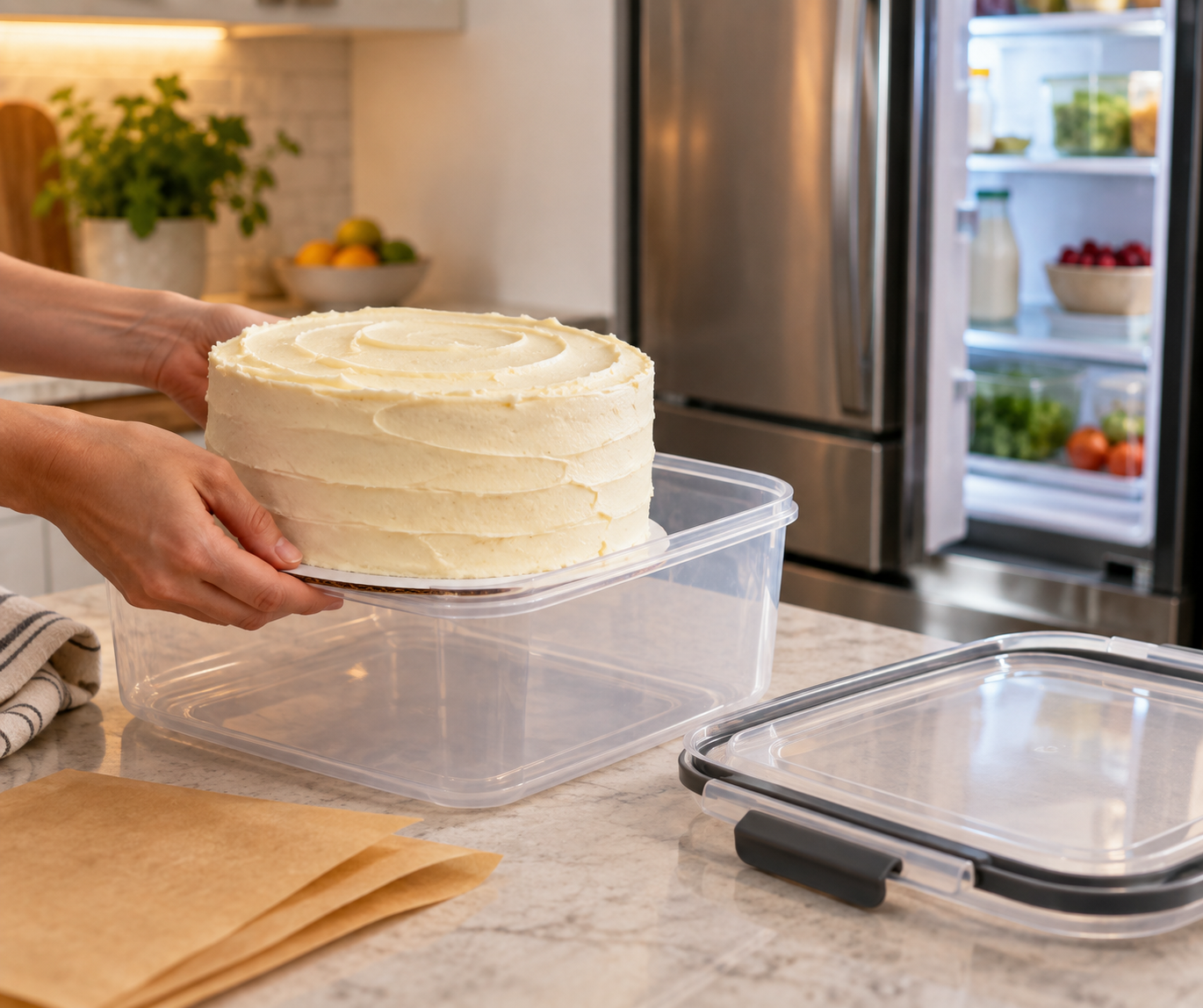 Buttercream layer cake being stored in an airtight container before refrigerating