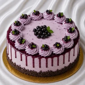 Black currant cake with creamy frosting
  and dark berry filling accents