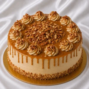 Caramel roasted almond cake with caramel
  frosting and crunchy almond pieces