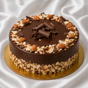 Chocolate almond cake with rich chocolate
frosting and toasted almond flakes