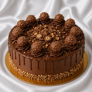 Chocolate hazelnut cake decorated with
  Ferrero Rocher-style spheres and roasted hazelnuts