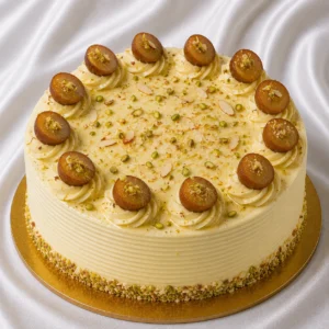 Gulab Jamun cake with creamy frosting,
  halved gulab jamuns and syrup glaze