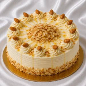 Honey almond cake with light cream
  frosting, honey drizzle and toasted almonds