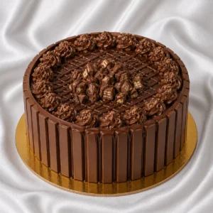 Chocolate cake surrounded by KitKat-style
  wafer fingers and chocolate cream