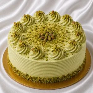 Pistachio cake with smooth pale pistachio
cream and chopped pistachio garnish