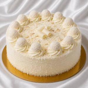 White chocolate coconut cake decorated
  with Raffaello-style coconut chocolate spheres