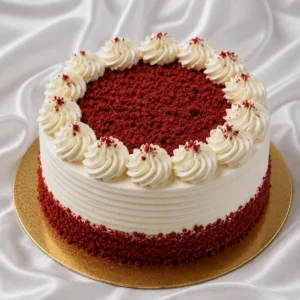 Red velvet cake with smooth white cream
  cheese frosting, red velvet crumbs and elegant cream swirls