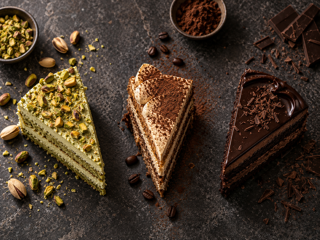 Pistachio, coffee and chocolate cake slices, three popular 2026 flavours