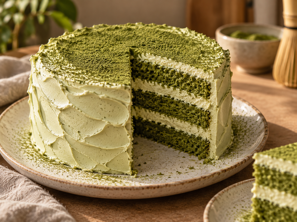 Sliced matcha layer cake showing green sponge and cream filling